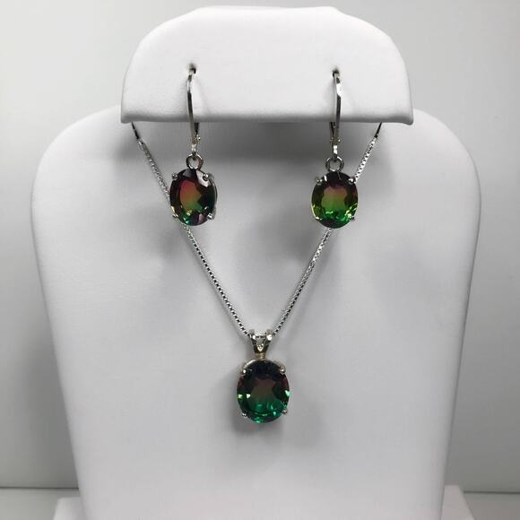 Beautiful Watermelon Tourmaline Quartz Necklace & Earrings Set - Picture 1 of 10